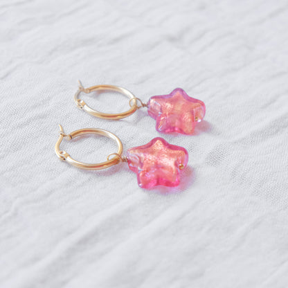 Star Murano Glass Hoop Earrings 19mm - Ruby/Gold SSF