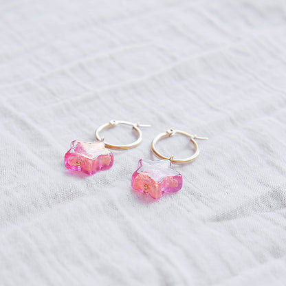 Star Murano Glass Hoop Earrings 19mm - Ruby/Gold SSF