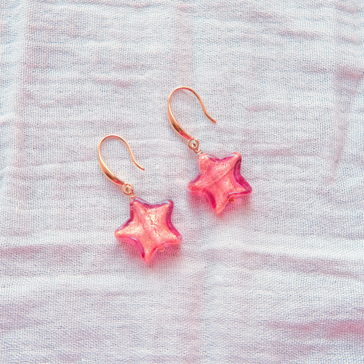 Star Murano Glass Hook Earrings - Ruby/Gold SSF