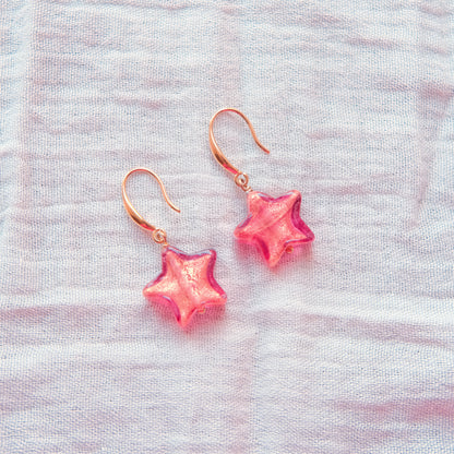 Star Murano Glass Hook Earrings - Ruby/Gold SSF