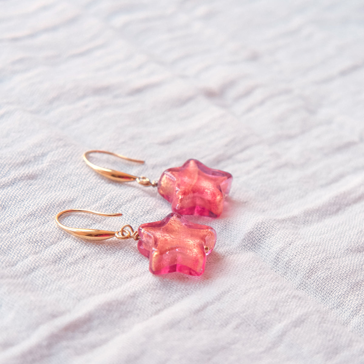 Star Murano Glass Hook Earrings - Ruby/Gold SSF