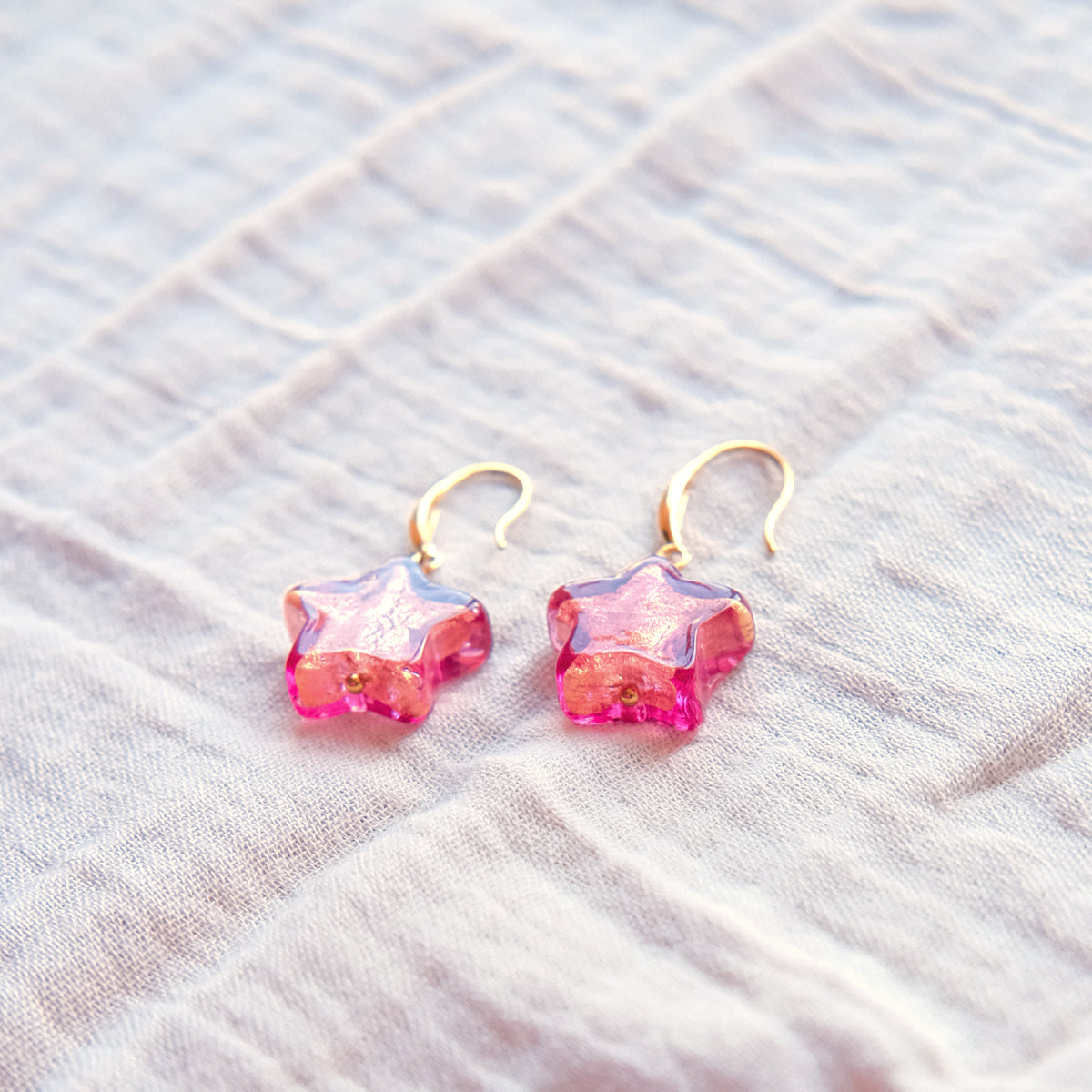 Star Murano Glass Hook Earrings - Ruby/Gold SSF