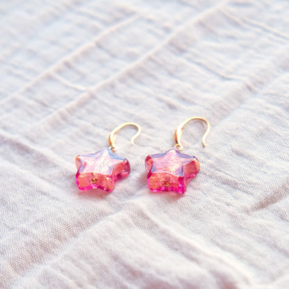 Star Murano Glass Hook Earrings - Ruby/Gold SSF