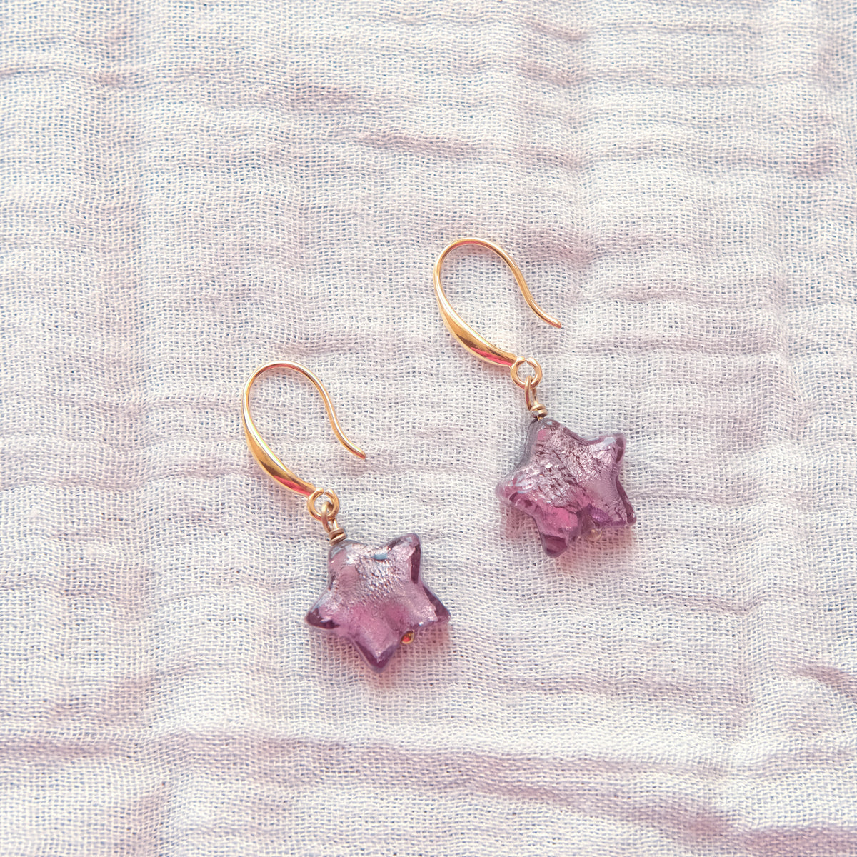 Star Murano Glass Hook Earrings - Aubergine/Gold SSF