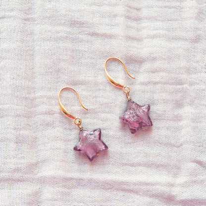 Star Murano Glass Hook Earrings - Aubergine/Gold SSF