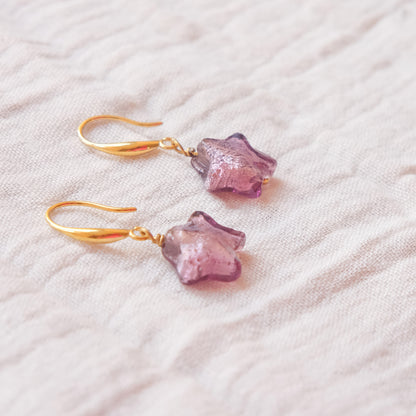 Star Murano Glass Hook Earrings - Aubergine/Gold SSF