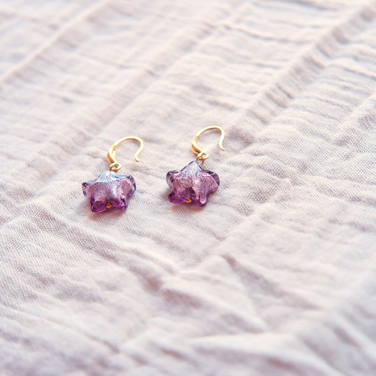 Star Murano Glass Hook Earrings - Aubergine/Gold SSF