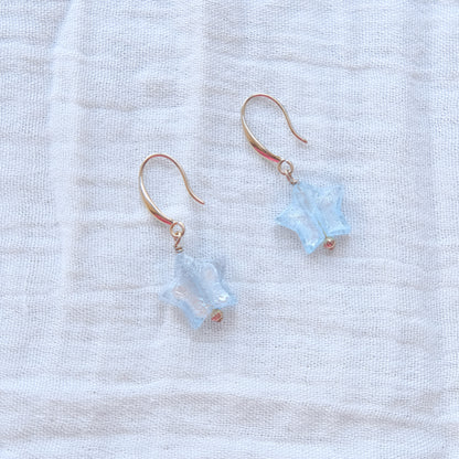 Star Murano Glass Hook Earrings - Light Blue/Gold SSF
