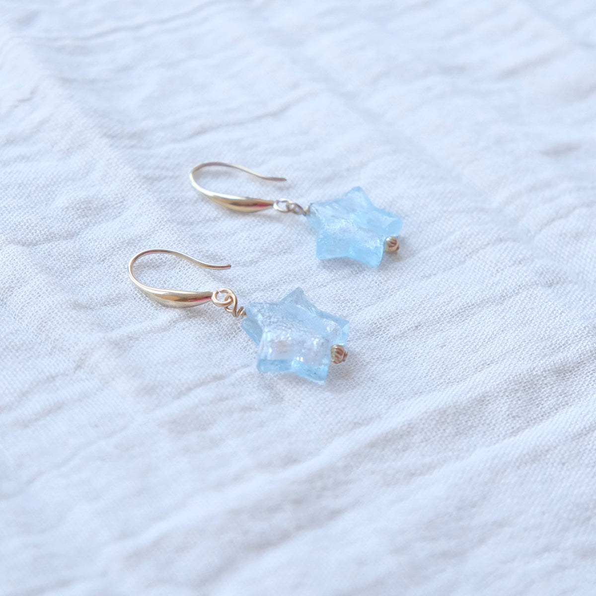 Star Murano Glass Hook Earrings - Light Blue/Gold SSF