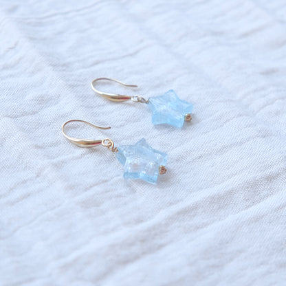 Star Murano Glass Hook Earrings - Light Blue/Gold SSF