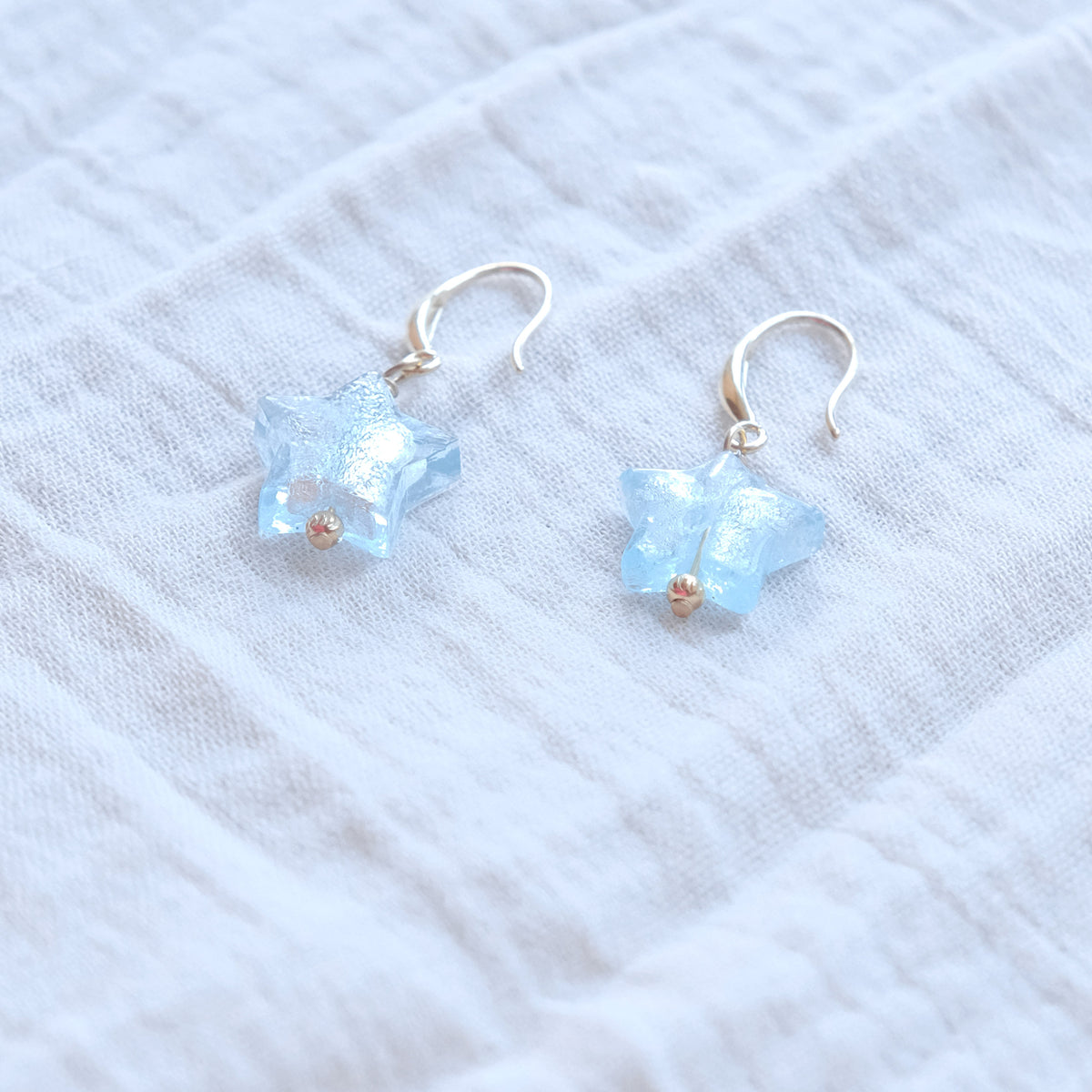Star Murano Glass Hook Earrings - Light Blue/Gold SSF