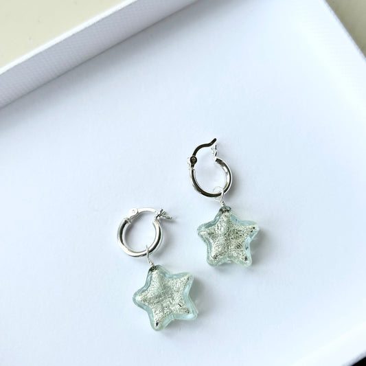 Star Hoop Earrings - Aqua/Silver