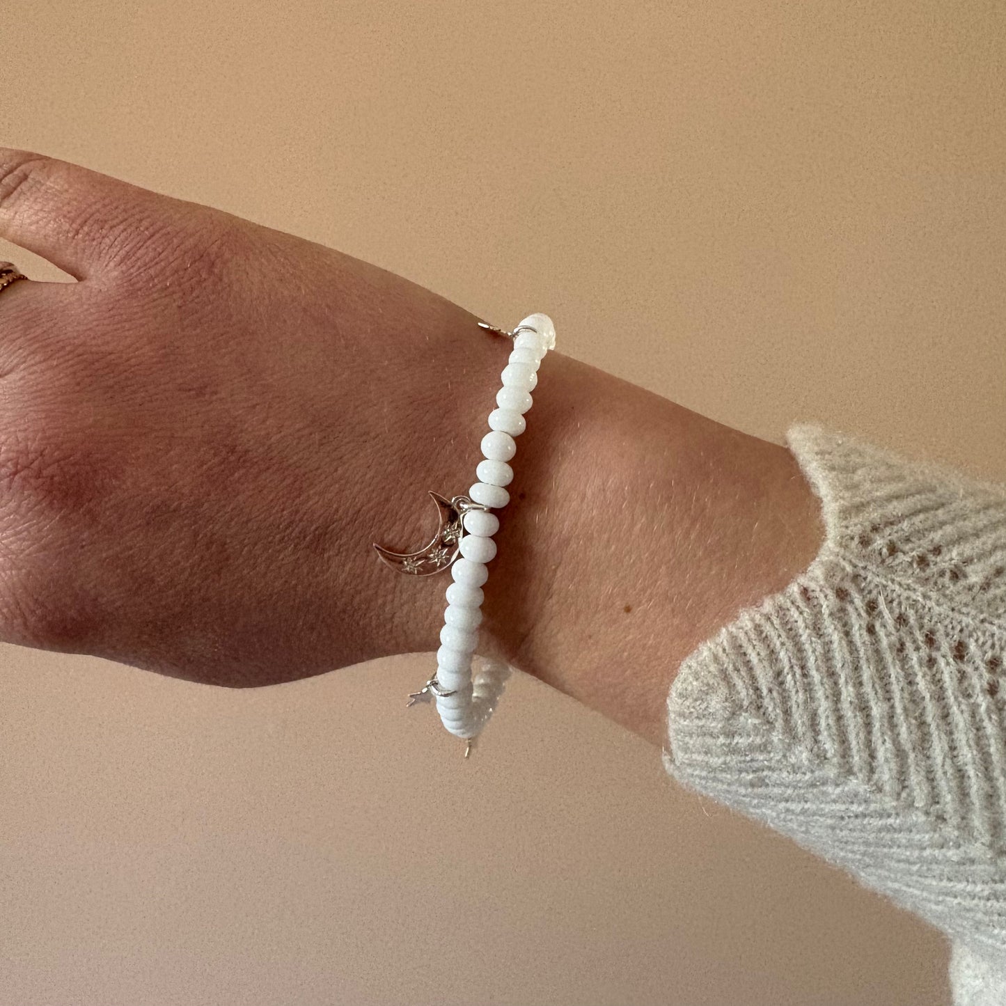 Celestial Moon Beaded Bracelet - White/Sterling Silver