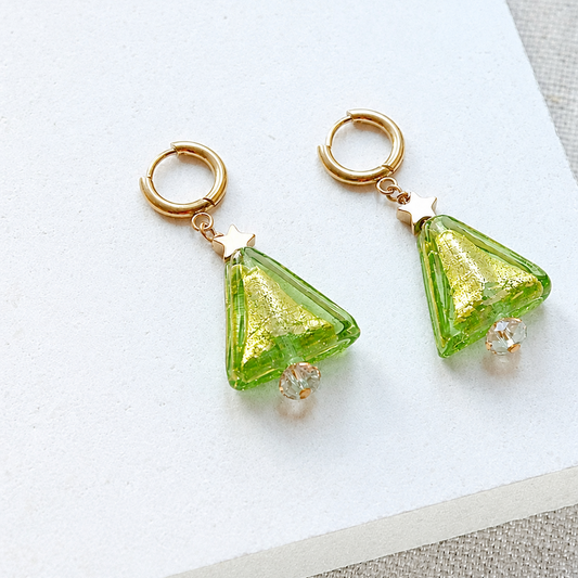 Christmas Tree and Star Earrings - Green/Gold