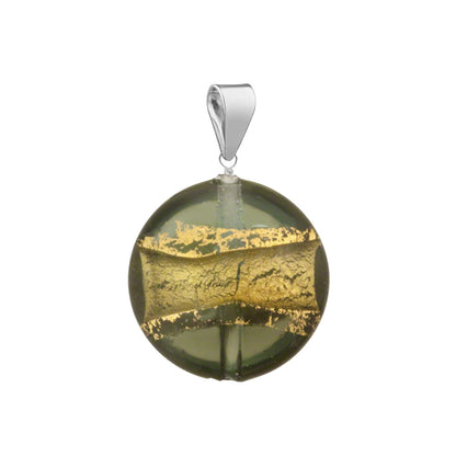 Murano Glass Pendant 14mm Lentil - Olive Stripe/Sterling Silver