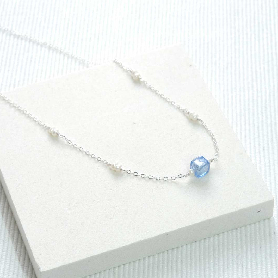 Freshwater Pearl and Blue Cube Necklace - Sterling Silver