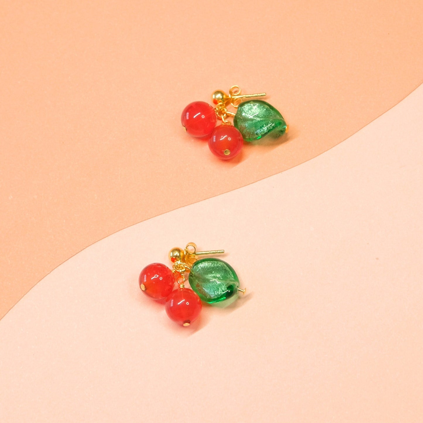 Amarena Cherry Stud Earrings - Red/Green/Gold Vermeil