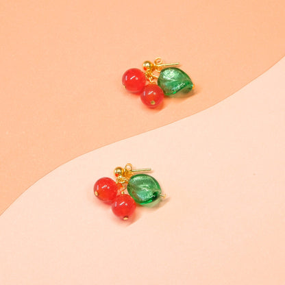 Amarena Cherry Stud Earrings - Red/Green/Gold Vermeil