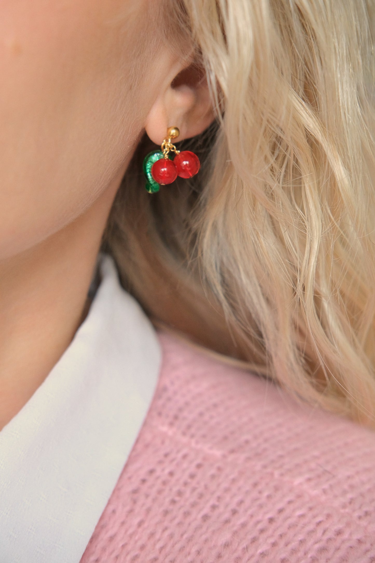 Amarena Cherry Stud Earrings - Red/Green/Gold Vermeil