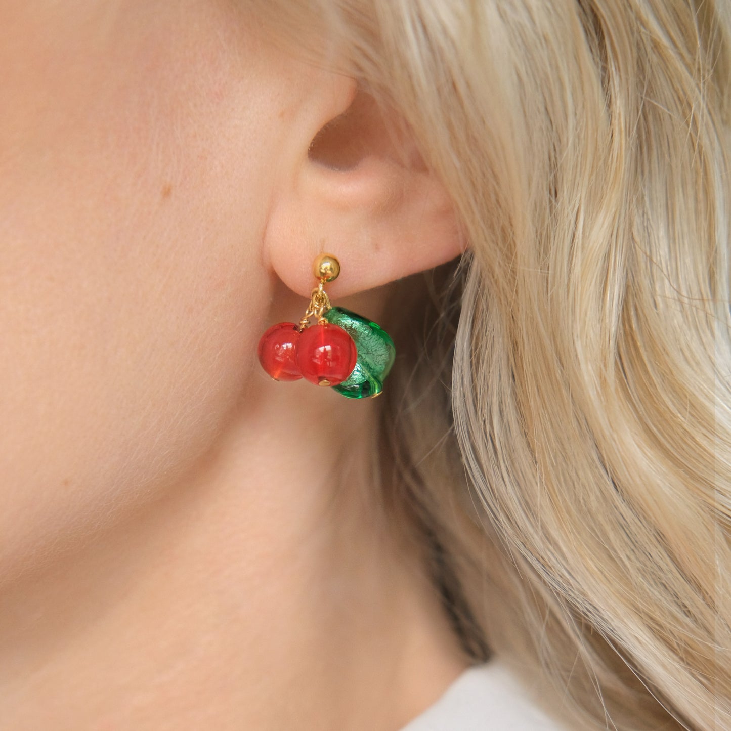 Amarena Cherry Stud Earrings - Red/Green/Gold Vermeil