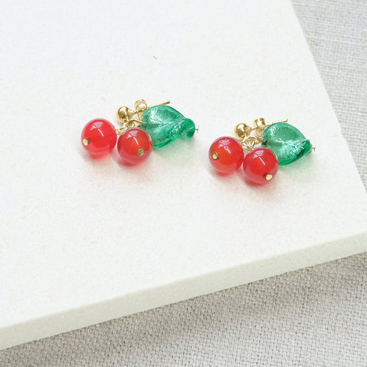 Amarena Cherry Stud Earrings - Red/Green/Gold Vermeil