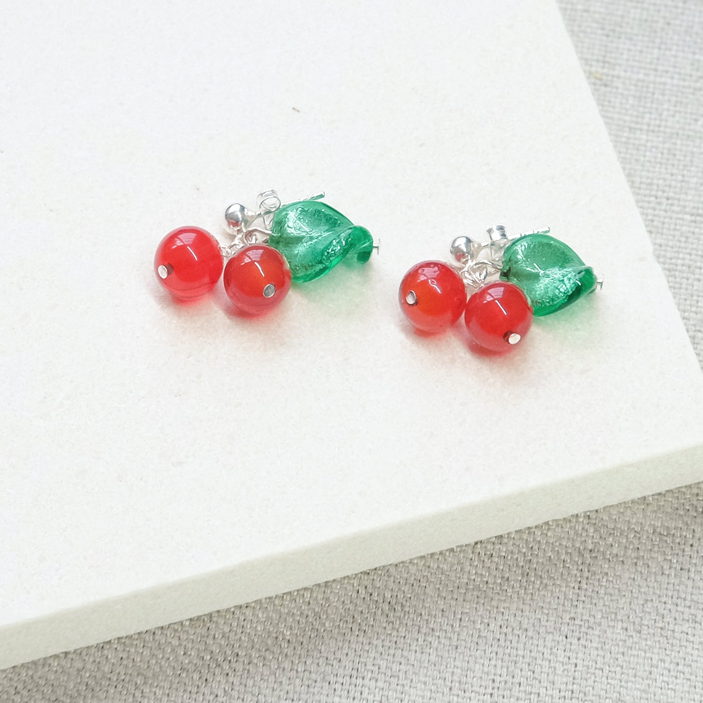 Amarena Cherry Stud Earrings - Red/Green/Sterling Silver
