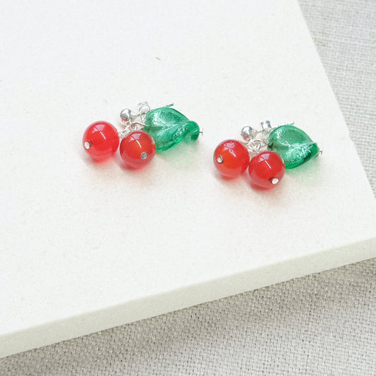 Amarena Cherry Stud Earrings - Red/Green/Sterling Silver