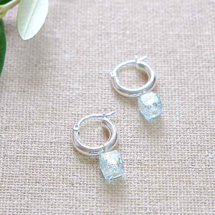 Chubby Blue Cube Hoop Earrings - Sterling Silver