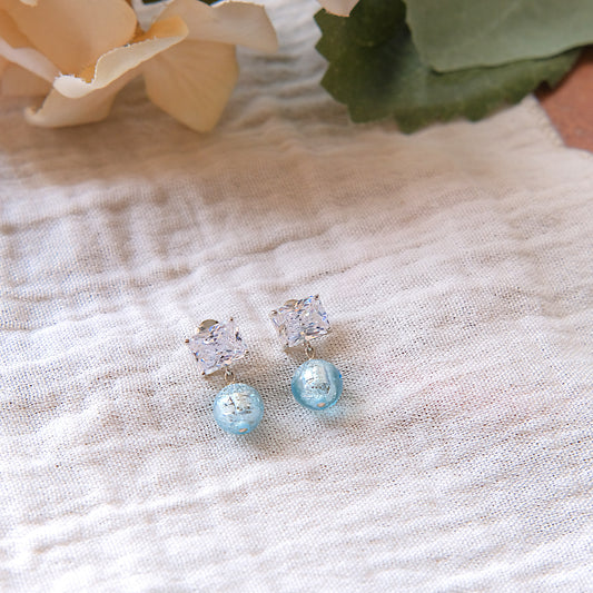 Blue Glass CZ Stud Earrings - Sterling Silver