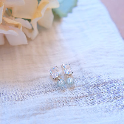 Blue Glass Long CZ Stud Earrings - Sterling Silver
