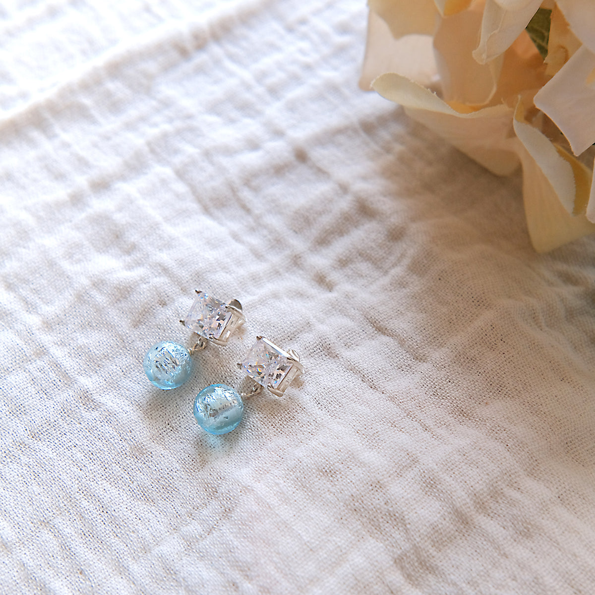 Blue Glass CZ Stud Earrings - Sterling Silver