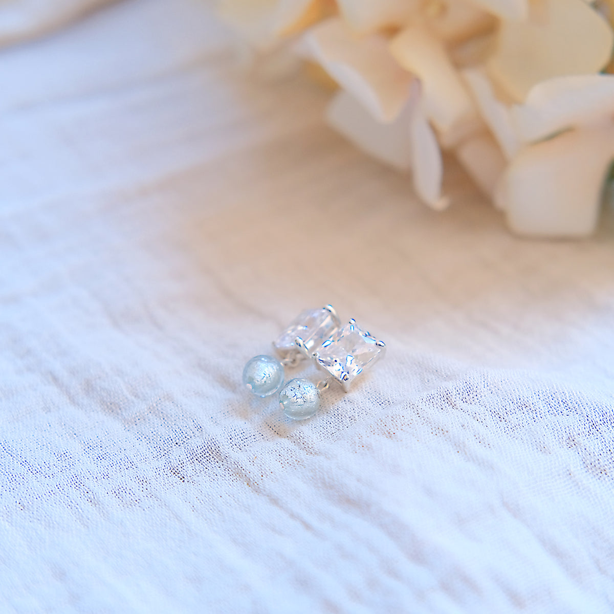 Blue Glass Long CZ Stud Earrings - Sterling Silver
