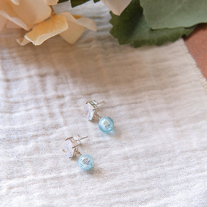 Blue Glass CZ Stud Earrings - Sterling Silver