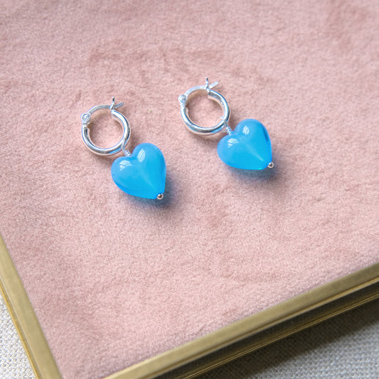 Blue Heart Hoop Earrings - Sterling Silver