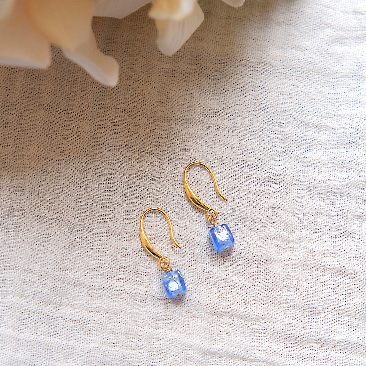 Blue Cube Murano Glass Hook Earrings - Gold