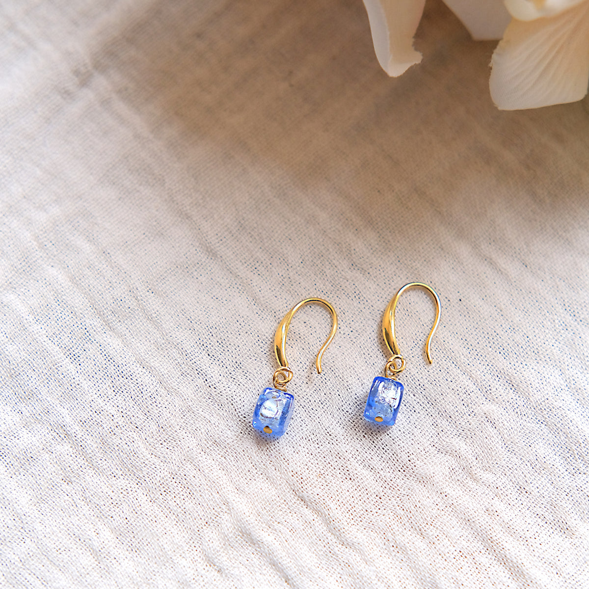 Blue Cube Murano Glass Hook Earrings - Gold