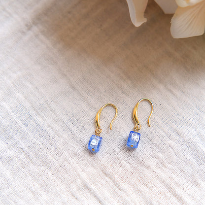 Blue Cube Murano Glass Hook Earrings - Gold