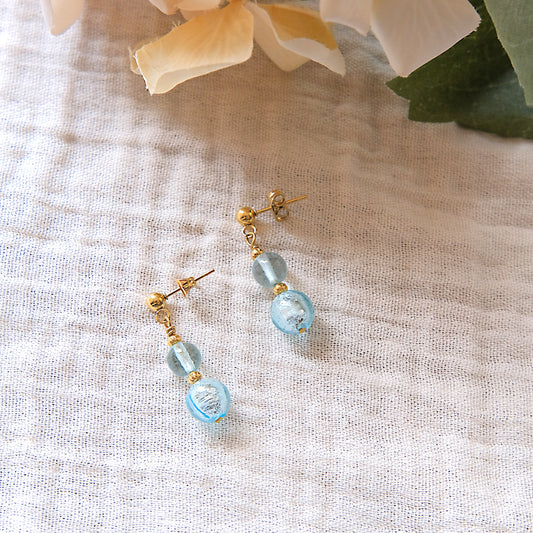 Blue Glass Stud Earrings - Gold