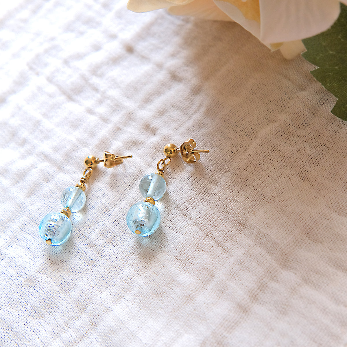 Blue Glass Stud Earrings - Gold