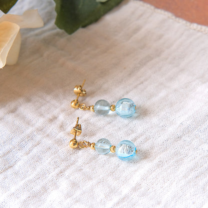 Blue Glass Stud Earrings - Gold