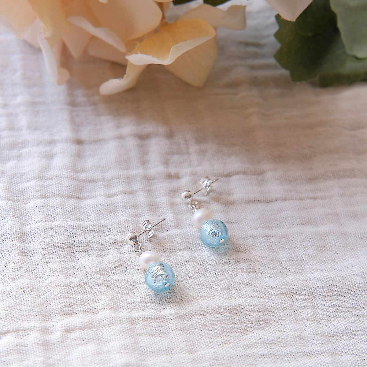 Blue Glass Stud Earrings - Sterling Silver