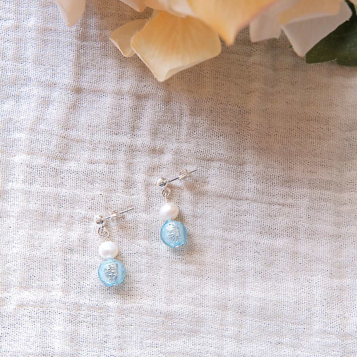 Blue Glass Stud Earrings - Sterling Silver