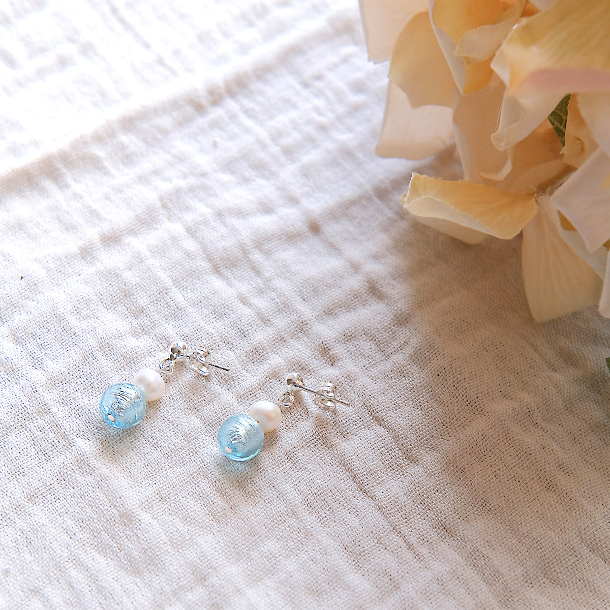 Blue Glass Stud Earrings - Sterling Silver