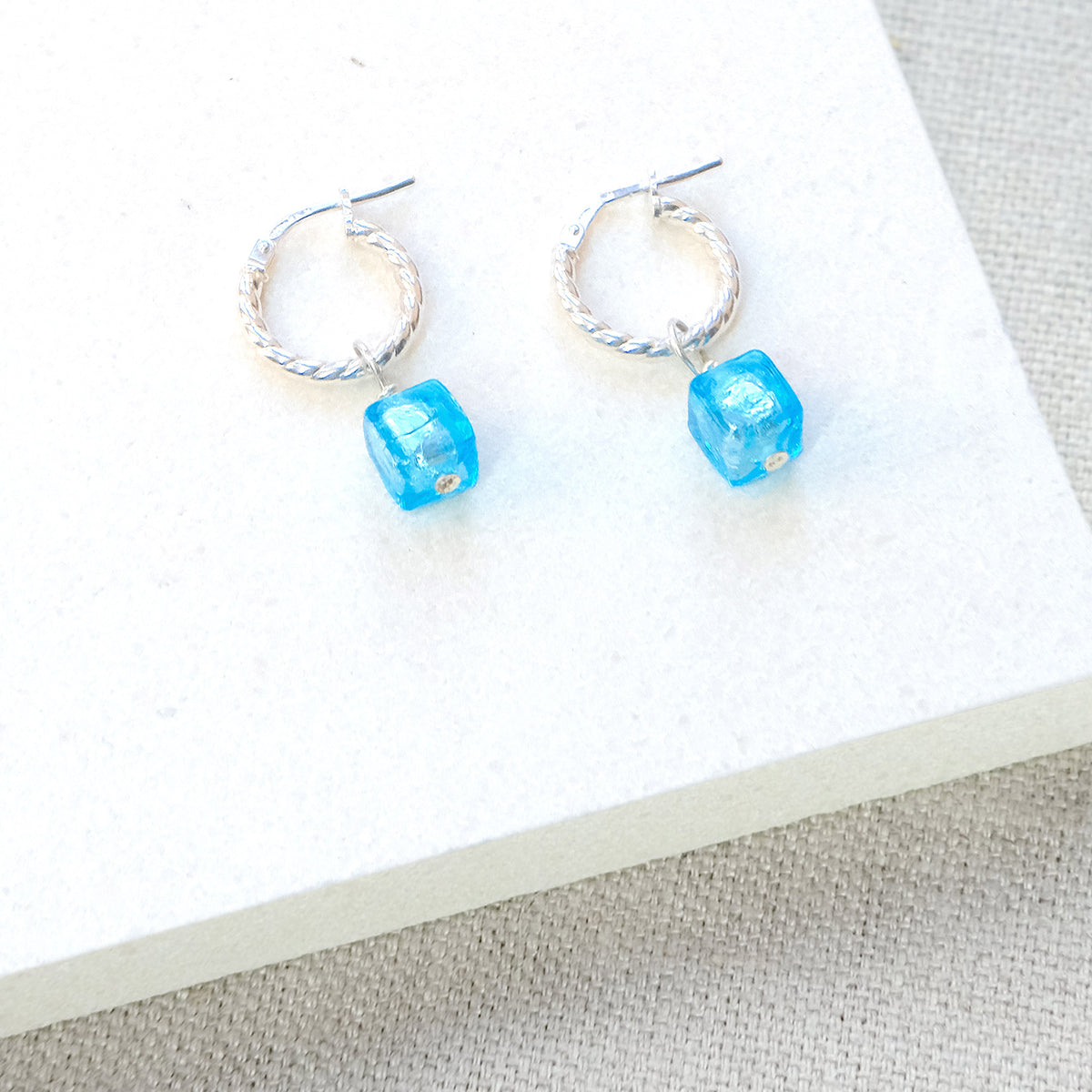 Cube Rope Twist Hoops Earrings - Blue/Sterling Silver