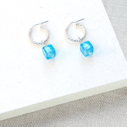 Cube Rope Twist Hoops Earrings - Blue/Sterling Silver