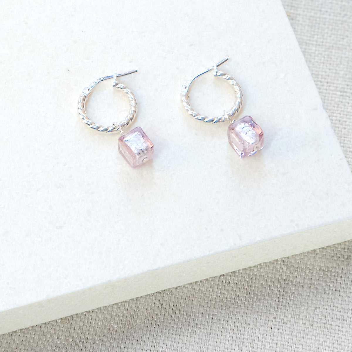 Cube Rope Twist Hoops Earrings - Lilac/Sterling Silver