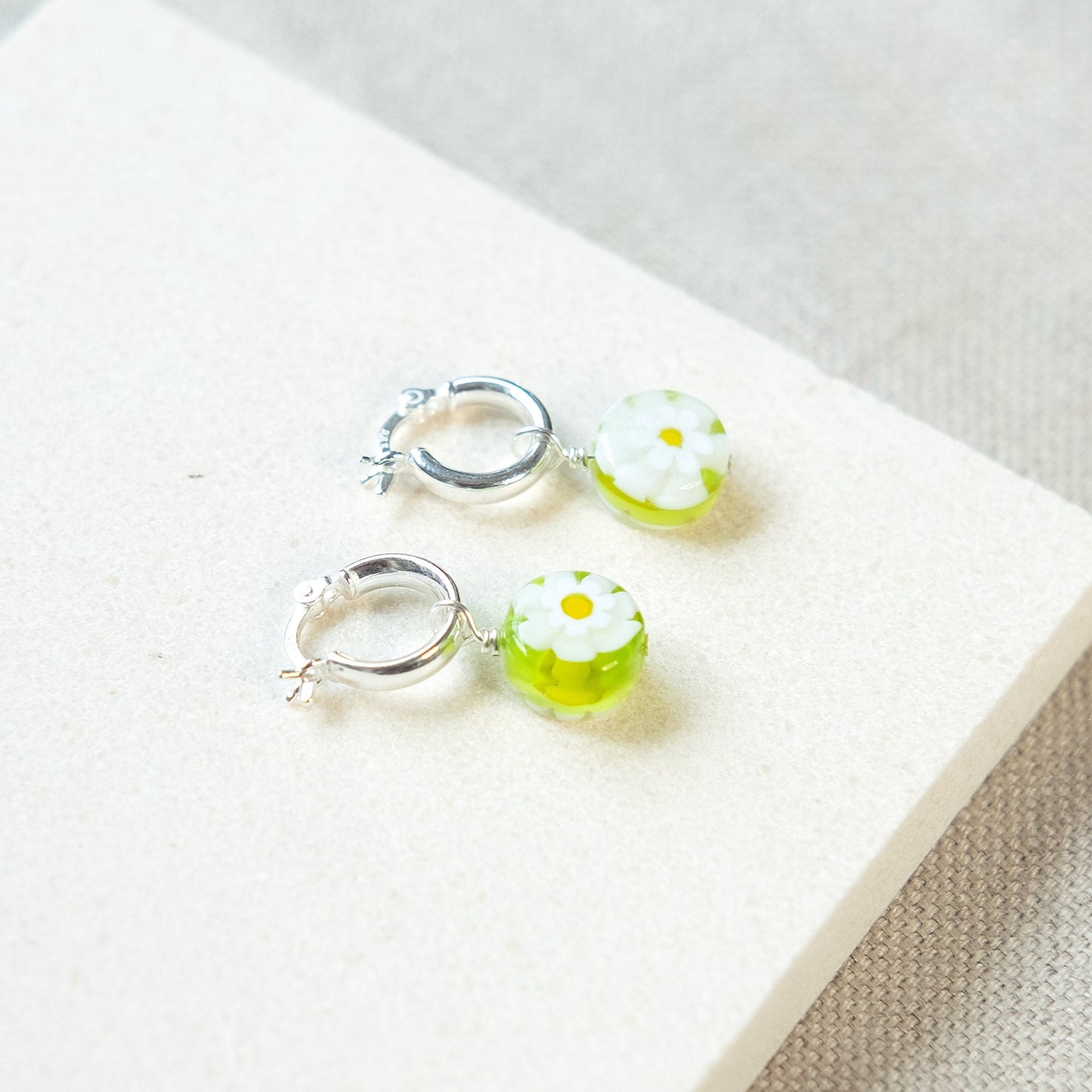 Daisy Coin Simple Hoop Earrings - Lime/Sterling Silver