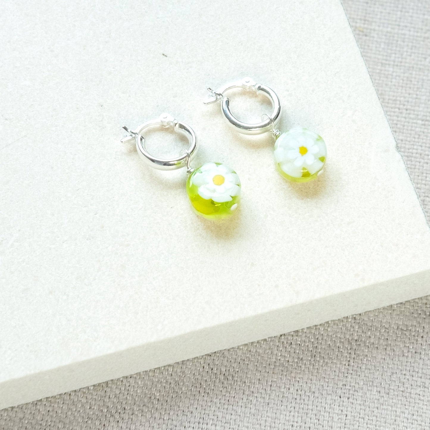 Daisy Coin Simple Hoop Earrings - Lime/Sterling Silver