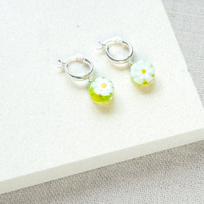 Daisy Coin Simple Hoop Earrings - Lime/Sterling Silver