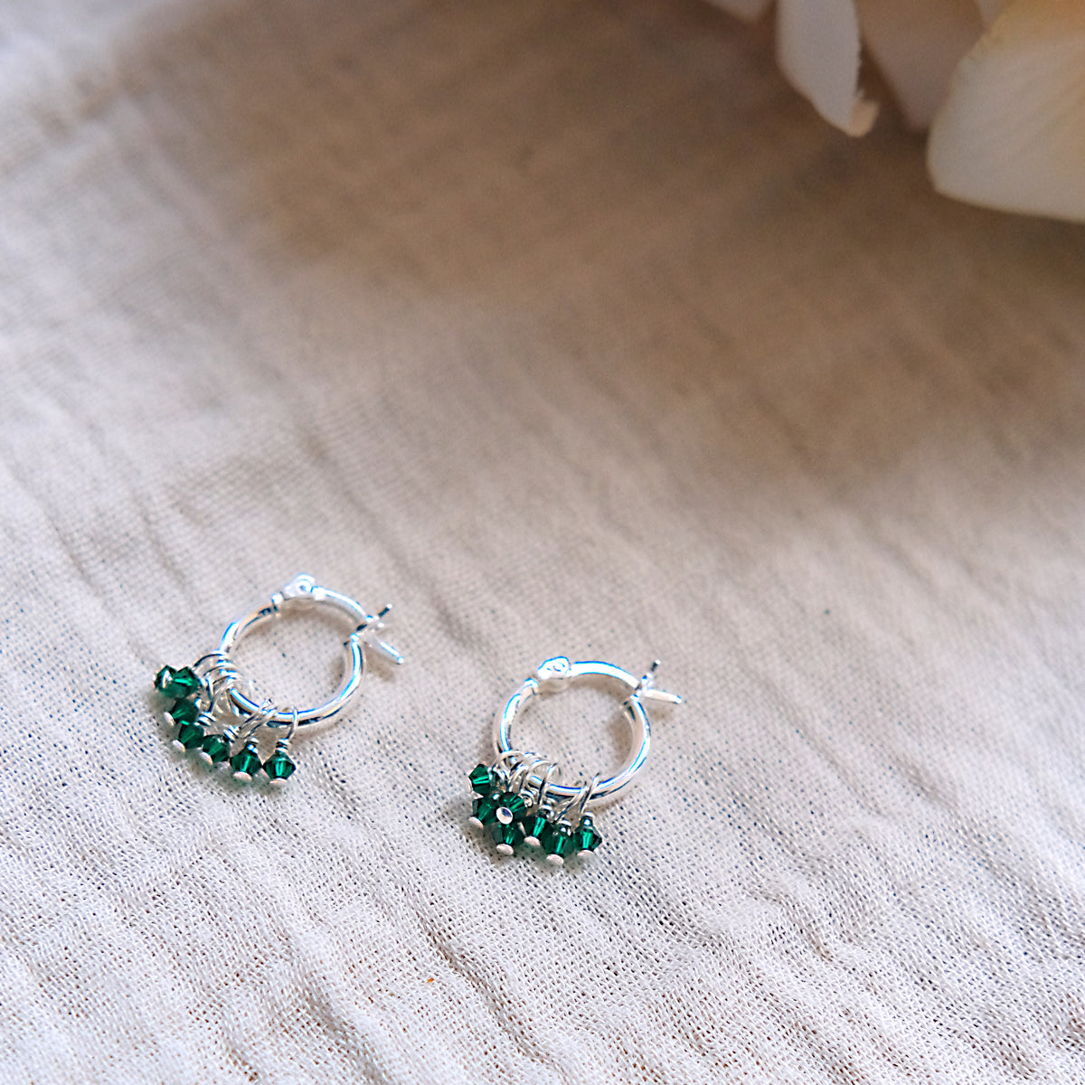 Emerald Green Swarovski Crystal 15mm Hoop Earrings - Sterling Silver
